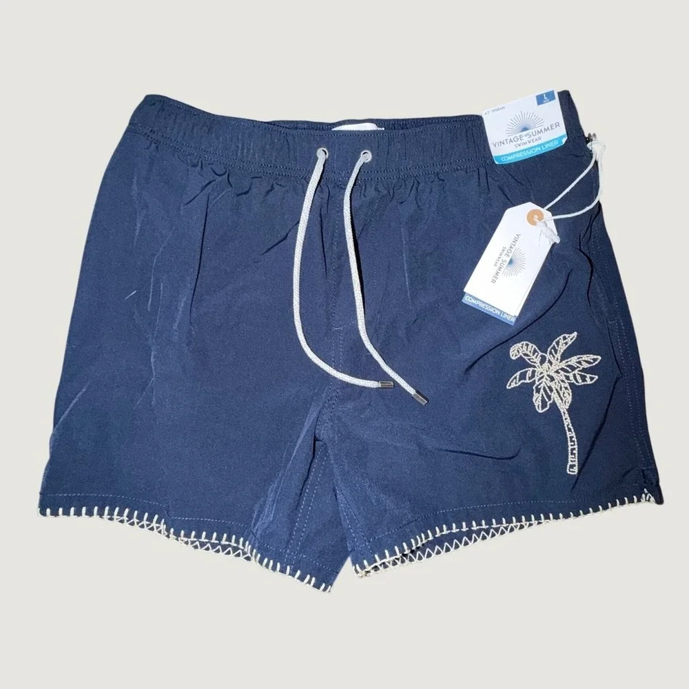 Vintage Summer Mens Navy Palm Tree Compression Liner Swim Trunks V73901M L